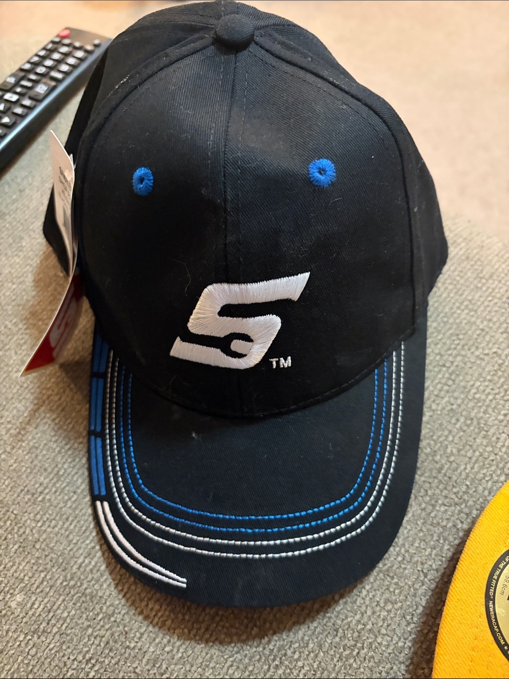 Snap Black Baseball Cap with Blue and White Logo